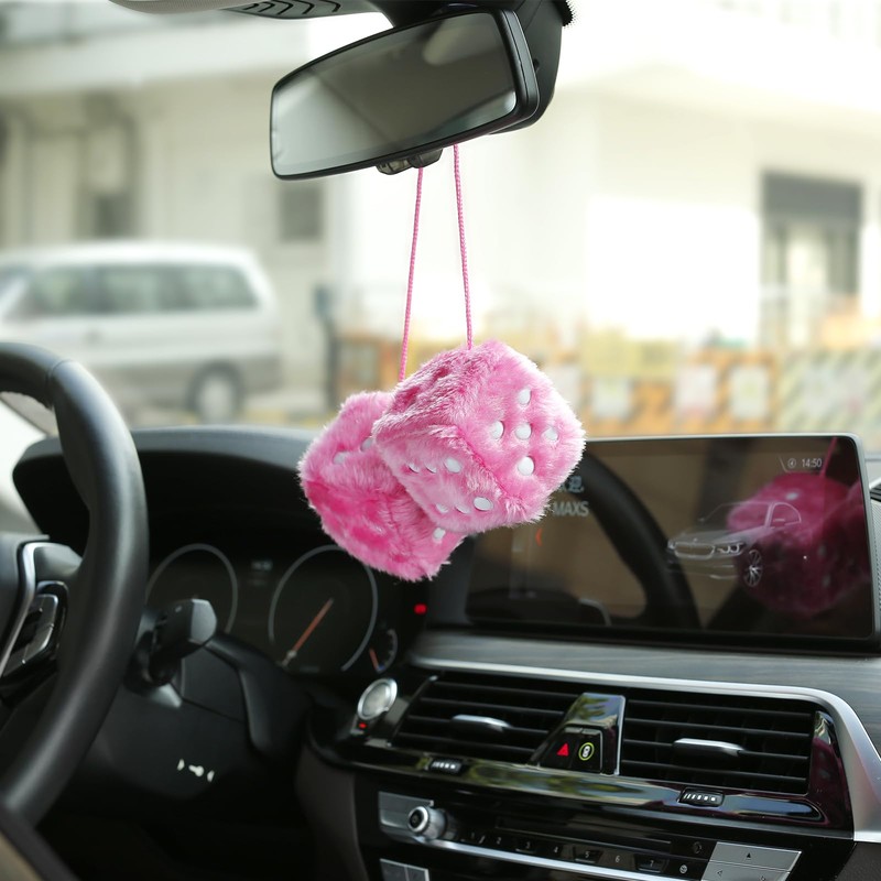 YGMONER Pink Fuzzy Dice for Car Rear View Mirror, Pair