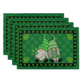 St. Patrick's Day Placemats Set of 4 Green Buffalo Plaid Gnome Shamrock Clover Placemats Table Mats Washable Heat Resistant Place Mats for Home Kitchen Dining Holiday Party 12" x 18" Inch