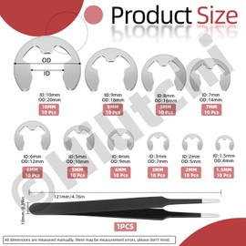 Hilitchi 303Pcs 304 Stainless Steel E-Clip and C-Clips External Retaining Ring Assortment Set with Tweezers, 1.5mm-10mm E-Clip Retaining Rings M4-M28 External Circlip Snap Retaining Clip Ring