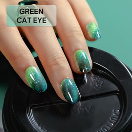 MIZHSE Semi Cured Gel Nail Strips, Green Cat Eye 30PCS Gel Nail Wraps, Stickers, UV Light Required, Salon Quality, Long Lasting Easy to Apply & Remove - Includes 2 Prep Pads, Nail File & Wooden Stick