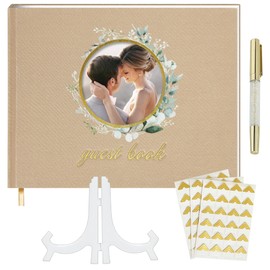 Dymali 5 Pieces, Wedding Guest Book, Linen Luxury Guest Book, for Wedding, Special Events with Guestbook Stand, Pen, Wedding Book Photo Corners, Guest Book for Party Keepsake Box, Beige