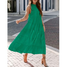 HAEOF Womens 2024 Summer Sleeveless Halter Maxi Dress Pleated Tiered Swing Beach Long Dresses Sundress Green