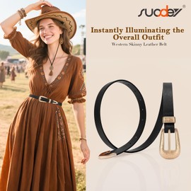 SUOSDEY Western Skinny Leather Belt for Women Carved Buckle, Ladies Waist Belt for Jeans Dresses,0.8" Width