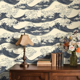 Stickyart Hokusai Wave Wallpaper Peel and Stick Japanese Ukiyo-e Wave Wallpaper Neutral Self Adhesive Minimalist Beige Black Sea Contact Paper Renter Friendly for Cabinet Accent Wall 17.5"x80"