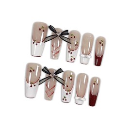 Hantyer Ballet Press On Nails Long Coffin,French Red White Fake Nails Tips with Cherry Checker Design, 3D Bow Retro Cute Cat Eye False Nails for Sweet Edgy Daily Style 10PCS Nails with Tools Kits(L)