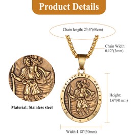 Flonge Men's Saint Christopher Necklace: Stainless Steel St Christopher Pendant Medal Necklace Cross Necklace Religious Amulet Jewelry Gift For Men Women Gold
