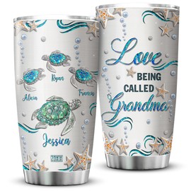 ZOXIX Love Being Called Grandma Tumbler With Kids Names Sea Turtle Gifts For Grandmother Mimi Gigi Nana Mothers Day Mug With Lid 20oz Stainless Steel Cup Ocean Animal Themed Gift