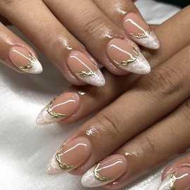 French Short Press On Nails Almond, Nude Fake Nails with Cloudy White French Tip and 3D Gold Line Design, Glossy Gel Finish Acrylic Nails, Natural Reusable Glue On Nails Kit for Women, Gilded Cloud