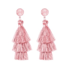 MALOYANVE Layered Tassel Earrings for Women Colorful Bohemian Tree-shaped Tiered Tassel Druzy Stud Dangle Drop Earrings Costume Jewelry Birthday Christmas Valentines Day Gift (Pink)
