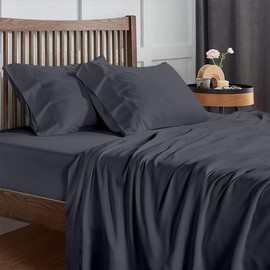 KRISHNA California King Waterbed Sheet Set, 4 Piece Attached Top & Bottom Sheets, 100% Egyptian Cotton, Ultra Soft & Breathable, Fits Up to 15 inch Deep Pocket Mattress, Solid Dark Grey