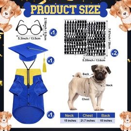 Huhumy 5 Pcs Dog Graduation Costume Set Include 2025 Pet Graduation Gown with Stole Puppy Grad Cap Lensless Glasses DIY Letter Stickers for Dogs Cats Holiday Costume Accessory(Blue Yellow,M)