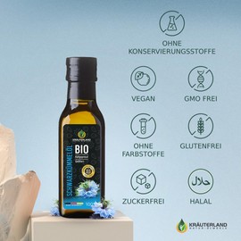 Kräuterland Bio Schwarzkümmelöl 100ml, GEFILTERT, kaltgepresst, 100% Nigella Sativa, ohne Zusatz von Aromen, ohne Frabstoffe, ohne Konservierungsstoffe - direkt aus unserer hessischen Ölmühle