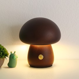 Mushroom Lamp for Bedroom, Portable Dimmable Bedside Lamp with USB Charging, Cordless Wooden Nightlight, Mushroom Table Lamp for Home Decor (Medium, Walnut D)