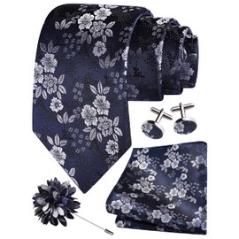 Gusleson Navy Grey Tie for Men Wedding Silk Floral Necktie Pocket Square Cufflinks and Lapel Pin Brooch Set (UK6107-39)