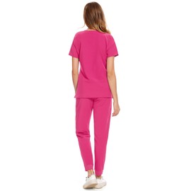 COZYFIT Medical Scrubs for Women Set - Curved V-Neck Scrub Top & Jogger Pants with 8 Pockets - Hot Pink, M