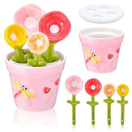 Flower Measuring Spoons Set in Pot - Ceramic Baking Measuring Spoons with Holder for Dry & Wet Ingredients - Cute Flower Figurine - 1 Tbsp, 1 Tsp, 1/2 Tsp, 1/4 Tsp - Unique Gift, Dishwasher Safe(Pink）