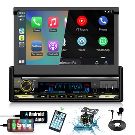 [Motorized] Y-METDRIVING 7 INCH Single Din Flip Out Touchscreen Car Stereo with Wired Apple Carplay & Android Auto,Screen Foldable Car Audio Receivers with Backup Camera,Bluetooth 5.0/FM (TH0030)