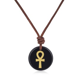 COAI Black Obsidian Necklace for Men Women, Genuine Leather Ankh Necklace for Men Women