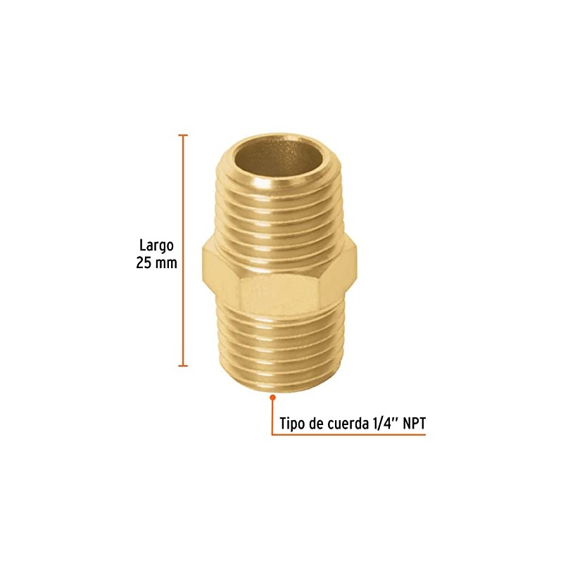 Truper NIPLE, Niple de latón, tipo FF, cuerda 1/4 NPT