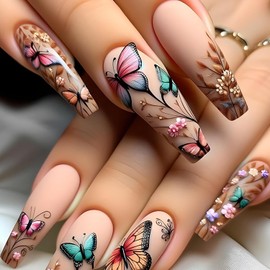 Butterfly 3D False Nails Press on Nails Long Ballet Shaped Coloful Butterly Pattern Design Press Nails Flower Fake Nails Artificial Acrylic Nails Full Cover Coffin Nails Nude Stick on Nails for Women