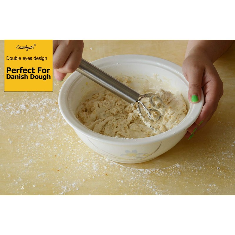 CAMKYDE Danish Dough Whisk 12-Inch Double Eyes Stainless Steel Dutch