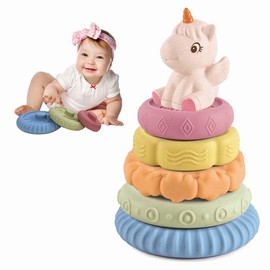 KOESMG Baby Stapeln Nesting Spielzeug, Soft Squeeze Building Circle mit rosa Pferd, Baby Zähne Spielzeug Sensorische frühe pädagogische Spielzeug für 6M+ Neugeborene Kleinkinder