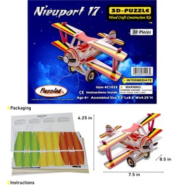 Puzzled 3D Puzzle Colorful Nieuport 17 Airplane Wood Craft Construction Kit Fun, Unique & Educational DIY Wooden Plane Toy Assemble Model Pre-Colored Crafting Hobby Puzzle to Build & Decoration 30pcs