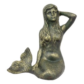 Ebros Gift 6.75" Tall Nautical Siren Expecting Mermaid Cast Iron Rustic Vintage Patina Finish Statue Ocean Goddess Princess Coastal Beach Under The Sea Mermaids Decorative Accent