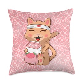 Strawberry Milk, Cat Lovers, Kawaii, Anime Cat Anime, Japanese Cute Kawaii Strawberry Milk Throw Pillow, 18x18, Multicolor