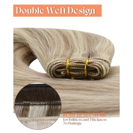 Sunny Hair Sew in Hair Extensions Real Human Hair Blonde Short Weft Hair Extensions Ash Blonde Highlights Bleach Human Hair Weft Extensions Straight Hair for Party 70g 14inch