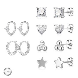 Diorra 6 Pairs of Earrings 925 Silver, Stud Earrings 925 Silver Set for Women, Stackable Cubic Zirconia Stud Earrings, Hoop Earrings Set, Hypoallergenic Helix Piercings, Huggie Hoop Earrings for Women
