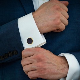 Jonwo Round Blue Sandstone Cufflinks for Men Women Golden/Silver Natural Gemstone Men's Cufflinks Jewelry for Wedding Anniversary Business Party Events Tuxedo Dress Shirt (Golden)