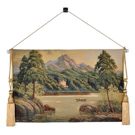 Vintage Nature Tapestry Wall Hanging Set with Telescopic Rod & Tassels - Jacquard Woven Fabric Aesthetic Lake & Mountain Landscape Wall Tapestry for Bedroom/Living Room Decor Green Art (42"x27")