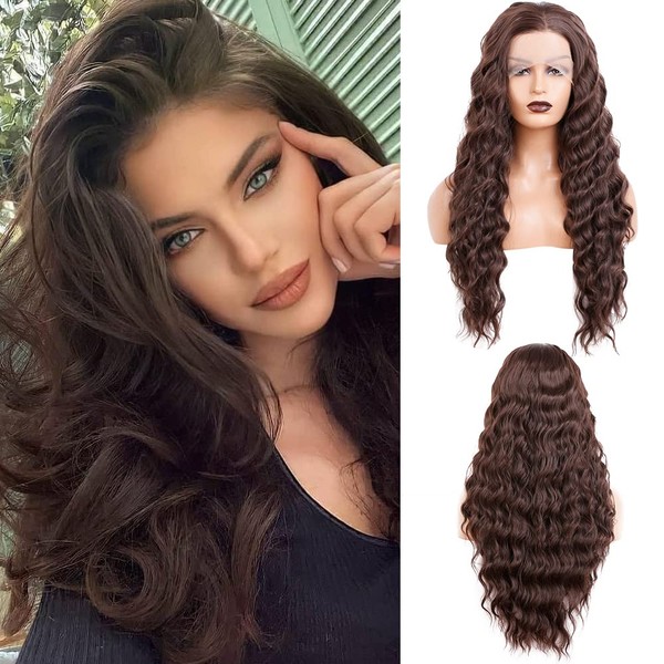 Salomezklm Lace Front Wig Wavy Hair Brown Color Long Wigs Glueless Heat Resistant Fiber Hair Synthetic Lace Front Wigs for Fashion Women(Dark Brown,24 Inch)