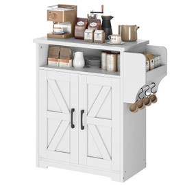 YATINEY Coffee Bar Cabinet, Kitchen Island with Storage, Farmhouse Sideboard Buffet Cabinet with Dual-Purpose Floating Shelf and Hooks, for Kitchen, Restaurant, Living Room, White KF22WT