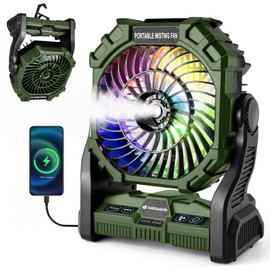 Odoland Portable Camping Fan with LED Lantern, 20000mAh Battery Operated Rechargeable Misting Fan with Light, 250mL Water Tank, Hook, Outdoor Tent Cooling Fans for Patios Beach Travel Summer, Green