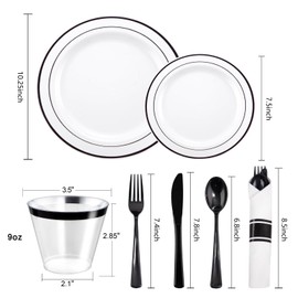WELLIFE 350Pcs Black Plastic Dinnerware with Pre Rolled Napkins, Include:50 Dinner Plates, 50 Dessert Plates, 50 Paper Napkins, 50 Cups, 150 Plastic Cutlery