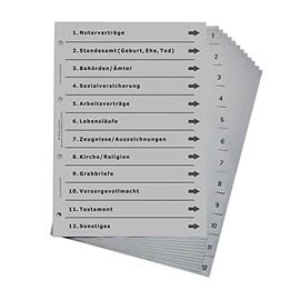 Folder index for important documents, well thought-out index for DIN A4 folders, document folder and document folder, light grey