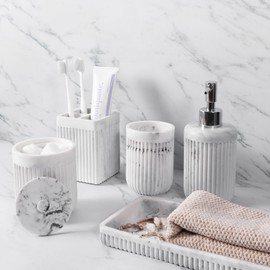 Resin White Marble Bathroom Accessories Set 5 Pcs, Lotion Soap Dispenser, Toothbrush Holder, Bathroom Tumbler, Qtip Holder and Vanity Tray, Bathroom Countertop Organizer Set for Modern Home Apartment