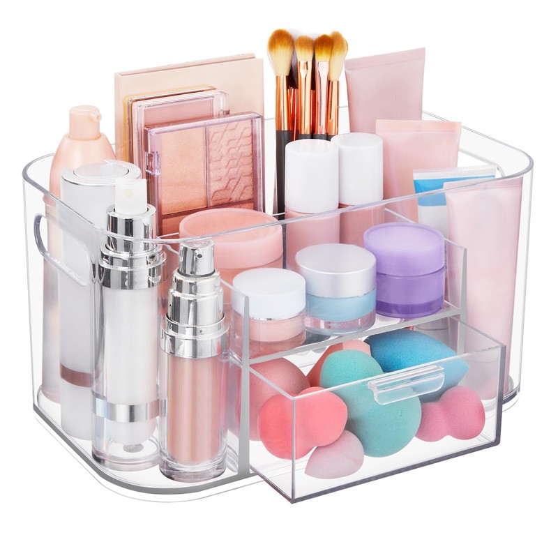 STORi Bliss Clear Makeup Organizer for Countertop, Divided Bathroom Organizer