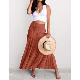 HAEOF Women's Summer Flowy Boho Maxi Skirt Casual Drawstring Elastic High Waist Pleated Tiered A Line Beach Long Skirts(Caramel, M)