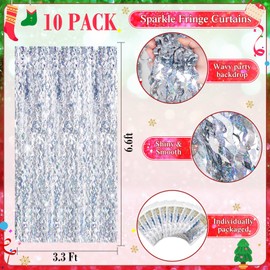 10 Pieces 3.3 x 6.6 Ft Foil Fringe Backdrop Party Wavy Tinsel Fringe Curtain Streamer for Happy New Year Carnival Party Favor 80s 90s Disco Ocean Sea Mermaid Birthday Wedding(Silver)