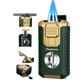 All-in-one Torch Lighter with V Cutter, Punch, Needle, Holder and Triple Jet Flames, Butane Windproof Lighter for Candles, Outdoor, Versatile Accessories with Gift Box for Men (Without Butane)