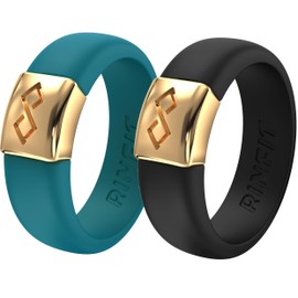 Rinfit Silicone Rings for Women 6mm Wide, 2mm Thick - Silicone Wedding Bands Women - Infinity Ring with Metal Plate - Ocean/Gold & Black/Gold - Size 5