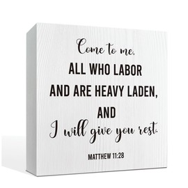 Matthew 11:28 Bible Verse Art, Christian Sign, Inspirational White Wood Box Sign, Farmhouse Home Office Desktop Deocr, Encouraging Christian Wall Art, Modern Scripture Decor, Faith Gift