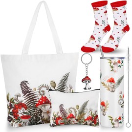 VAIPI 5 Pcs Mushroom Gifts for Women Mushroom Lover Gifts Stuff Include 20 oz Stainless Steel Insulation Tumbler Canvas Tote Bag Makeup Bag Socks Cute Keychain for Mother's Day Birthday Present