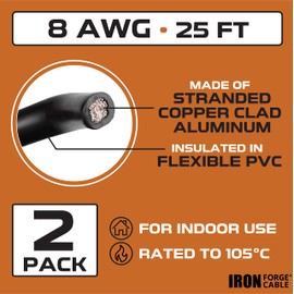 Iron Forge Cable 8 Gauge Primary Wire 2 Pack - 25ft Copper Clad Aluminum Wire - 1 Red and 1 Black
