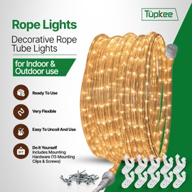 Tupkee Incandescent Rope Light Clear - 24 Feet (7.3 m), for Indoor and Outdoor use - 10MM Diameter - 288 Clear Warm Incandescent Long Life Bulbs Decorative Rope Tube Lights