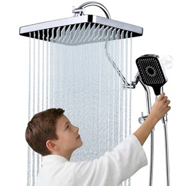 13 Inch Rainfall Shower Head with Multi-Function Handheld Sprayer Combo, 3-Way Metal Extended Diverter with Holder and Metal Adjustable Curved Shower Extension Arm, Extra Long Hose Chrome