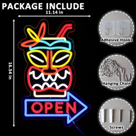 Folkive Tiki Bar Open Neon Sign for Wall Decor Dimmable Arrow Led Open Sign for Business Tiki Mask Neon Light for Beer Bar Beach Recreation Room Shop Tropical Party Decoration